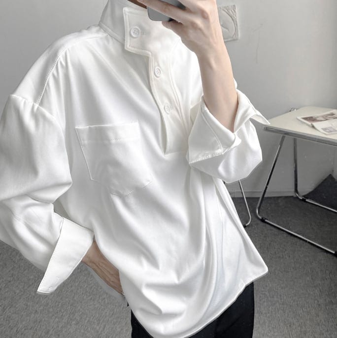 トップス 上着 人気 おすすめ おしゃれ お洒落 激安 安い プチプラ Tシャツ ロンT 長袖 襟付き スタンドカラー プルオーバー オーバーサイズ 無地 ドロップショルダー sh0135