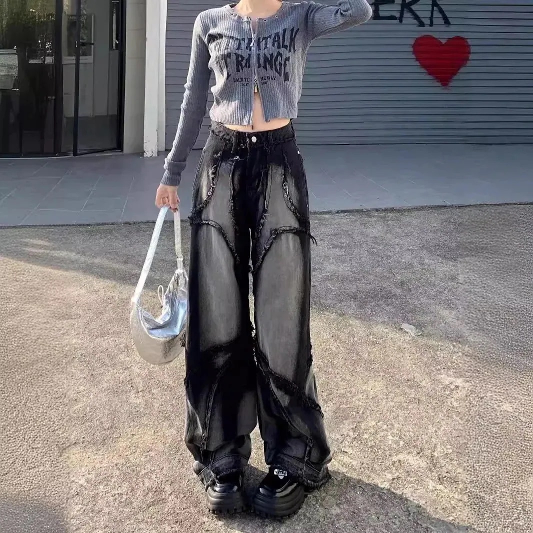 無料輸送当日出荷最安挑戦ロングパンツ ジーンズ 女性Y2K ヒップホップ・スタイル ヴィンテージ ルーズ フリンジ ワイドパンツ 床丈 ロングパンツ30%FF