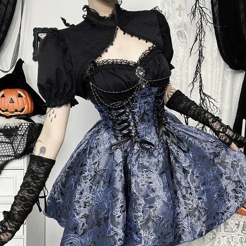 ロリータ メイド服 大人気アハロウィンゴシックダークスタイルのツートンジャージーストラップドレスセット新作ファッション無地カバーアップ