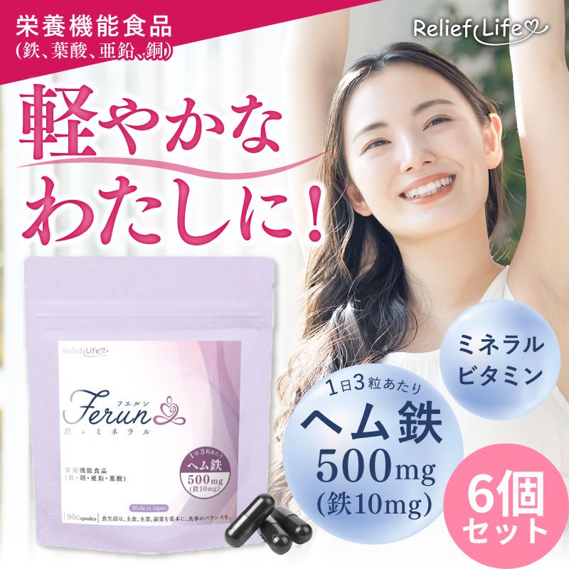 鉄サプリ 6個セット ヘム鉄 Ferun フエルン 葉酸 ビタミン ミネラル 亜鉛 銅 栄養機能食品 サプリ 鉄分 鉄分補給 鉄不足 貯蔵鉄 女性 鉄分の多い食品