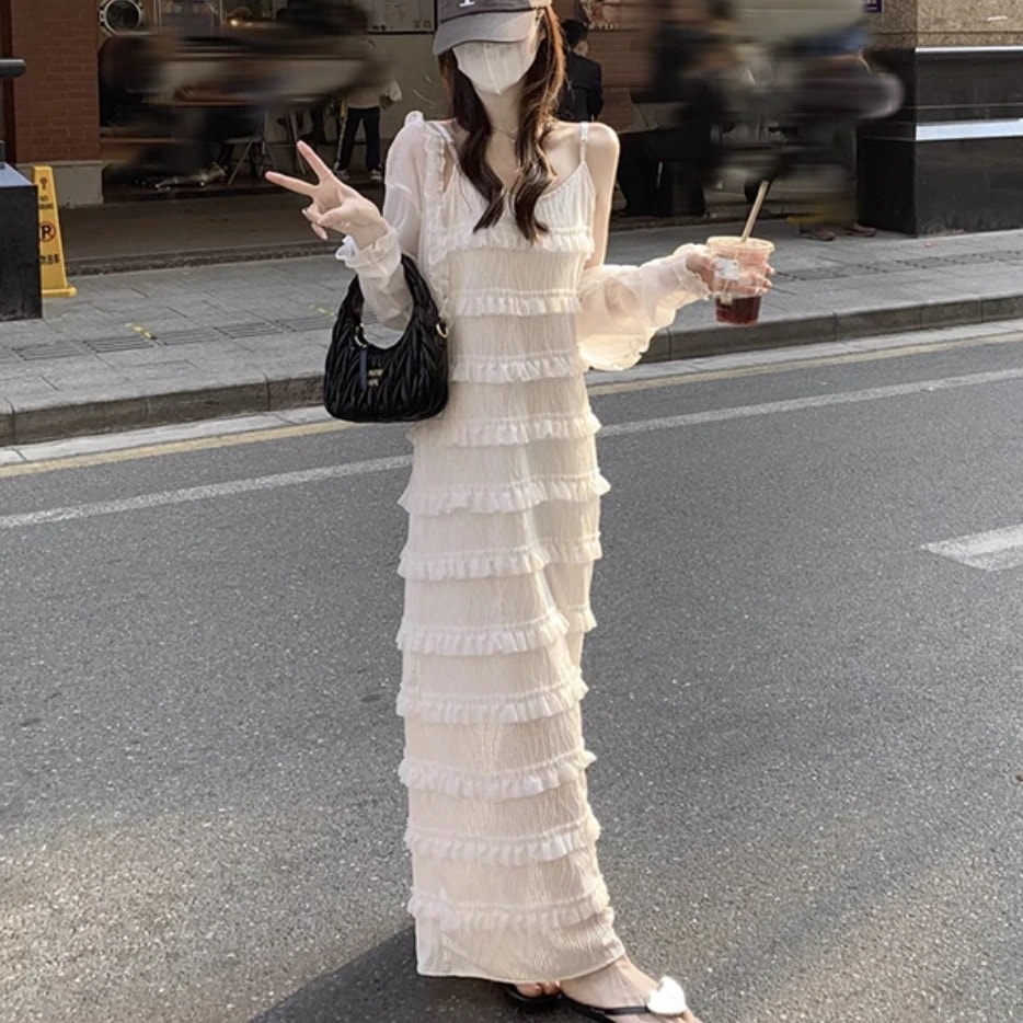 ワンピース レディース ワンピドレス ティアード キャミワンピ ロジスワンピ きれいめ 個性的 夏服 9分丈 マキシ丈 フルレングス ノースリーブ クルーネック 丸首 Uネック ラウンドネック スリム