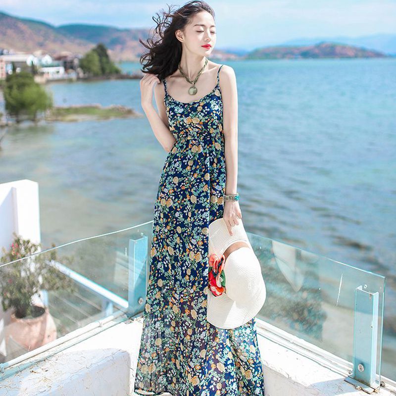 リゾートワンピース ロング丈 アンクル丈 袖なし ノースリーブ ラウンドネック 襟なし フレア