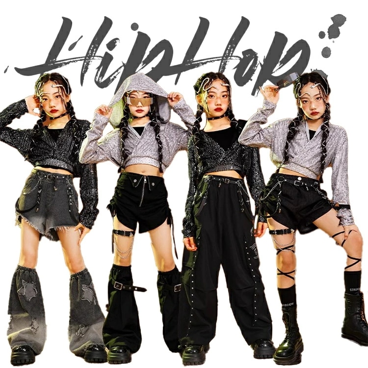 スパンコール キッズ ダンス 長袖 ダンス衣装 女の子 ガールズ デニム カーゴパンツ フード付き 子供服 長ズボン Y2K ダンスウェア 発表会 応援団 イベント ジュニア カッコイイ 普段着 ja