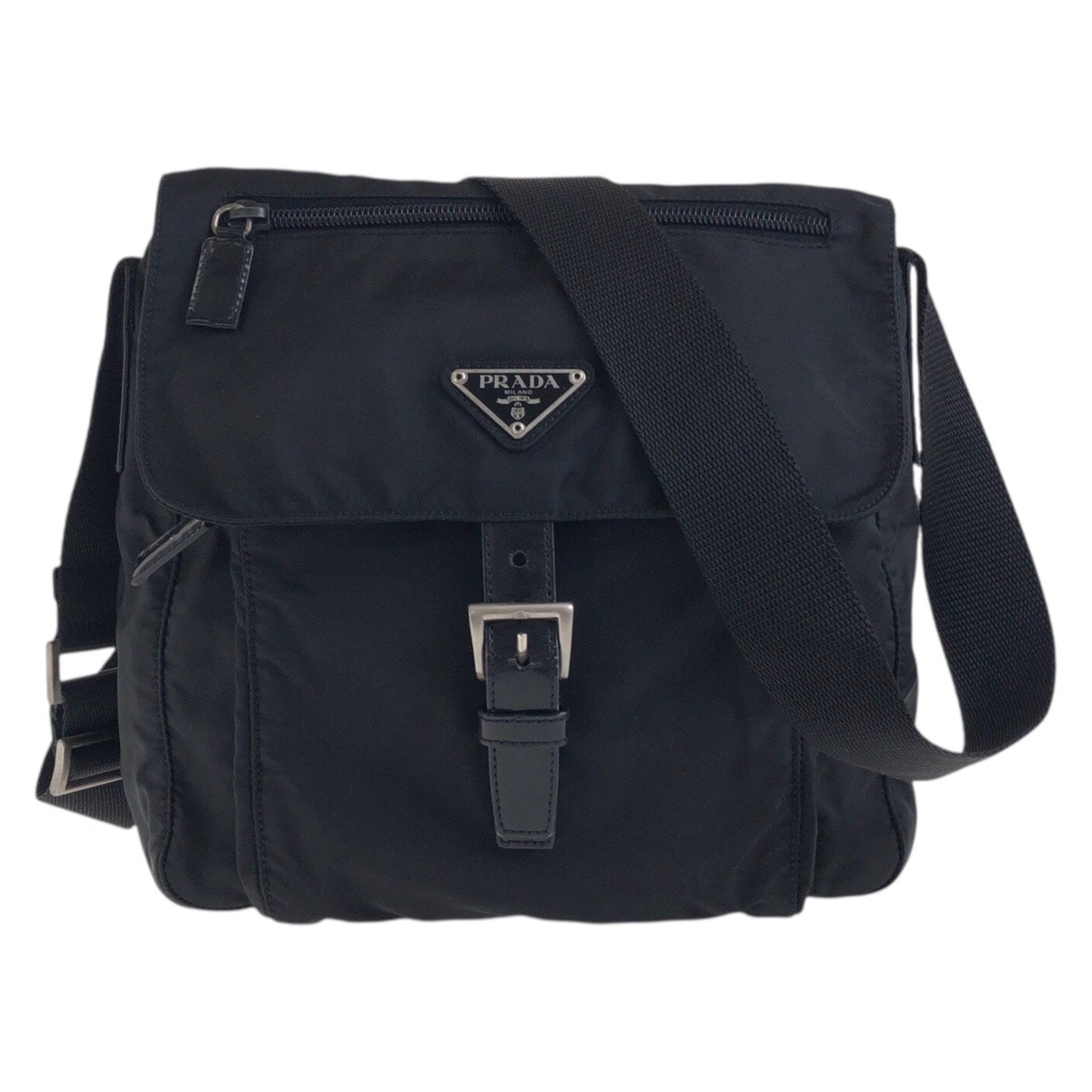 美品 テスート 三角ロゴプレート ブラック 黒 シルバー金具 ナイロン/レザー ショルダーバッグ ポシェット レディース 502773