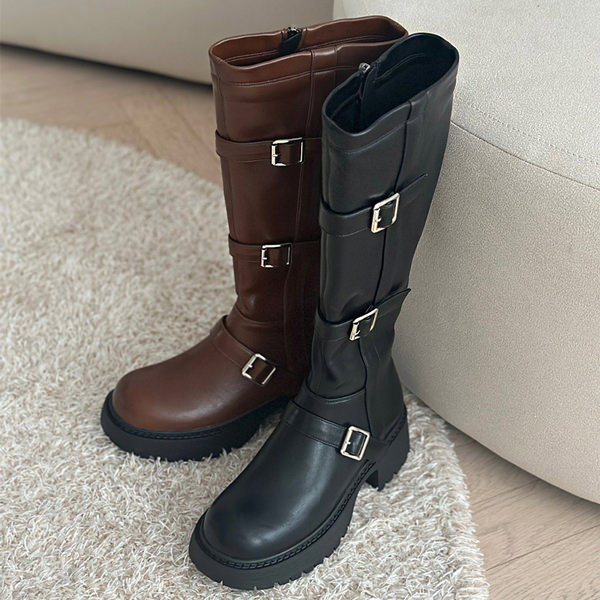ロングブーツ サイドジップ ベルトモチーフ トラックソール レディース チャンキーヒール 太ヒール黒 茶 ブラック ブラウン 歩きやすい 靴 婦人靴 韓国