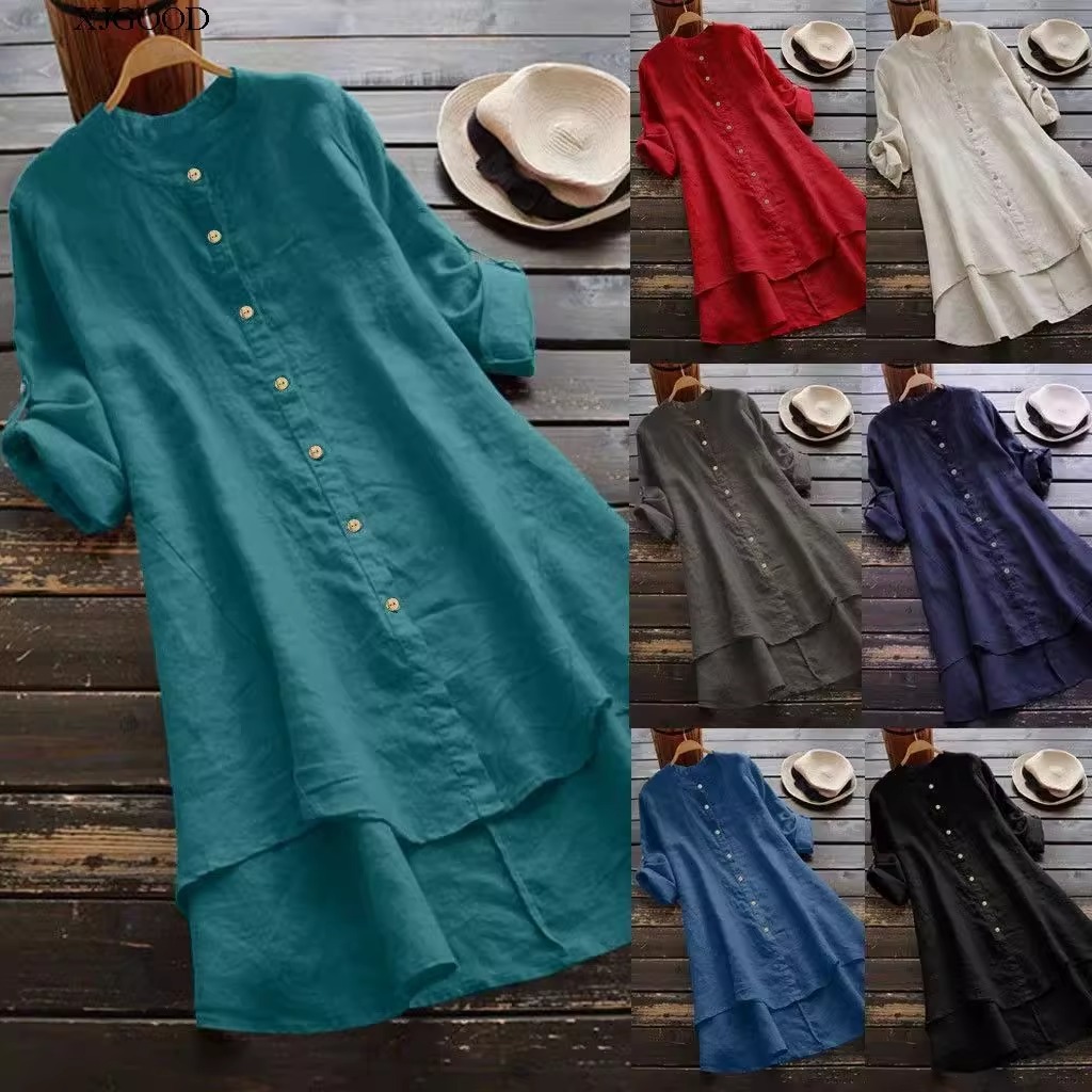 レディース ワンピース シャツワンピ フレア 前開き ミモレ 長袖 バンドカラー Aライン フィッシュテール ボタン ヴィンテージ シンプル カジュアル おしゃれ かっこいい こなれ感 ラフ ルーズ