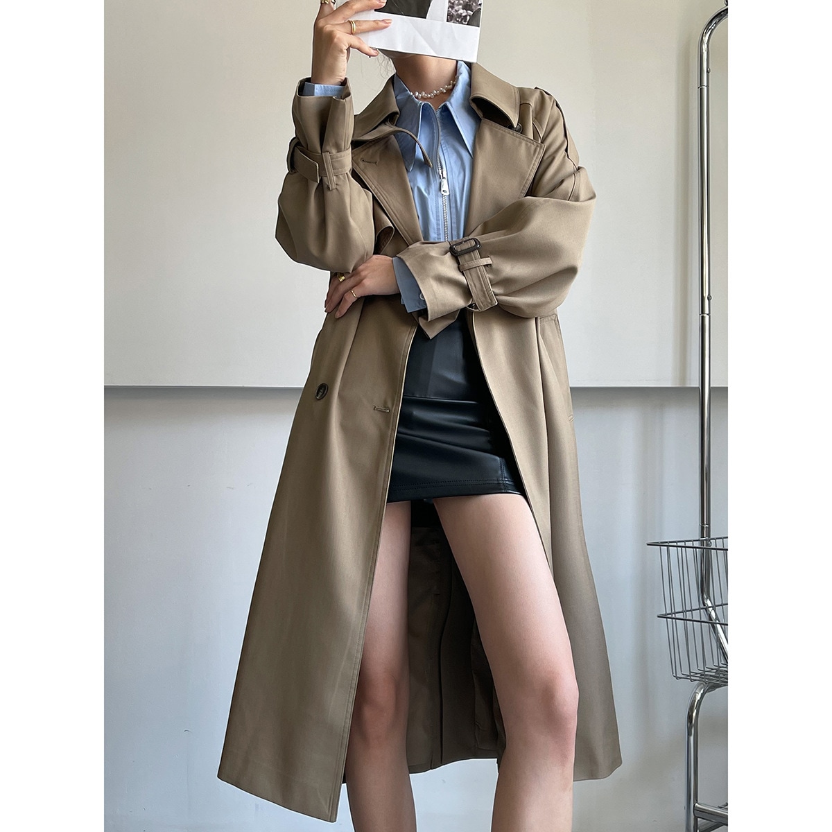 Meng Zixi 韓国風ウインドブレーカージャケット女性用ミドル丈ドレープの新気質膝丈ジャケット女性用 X249