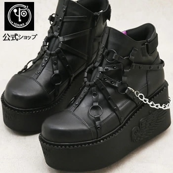 ヨースケYOSUKE 厚底ブーツ レディース ブラック 黒 リングブーツ チェーン付き　8.0cmウエッジソール 公式SHOP特典キズ補修液付