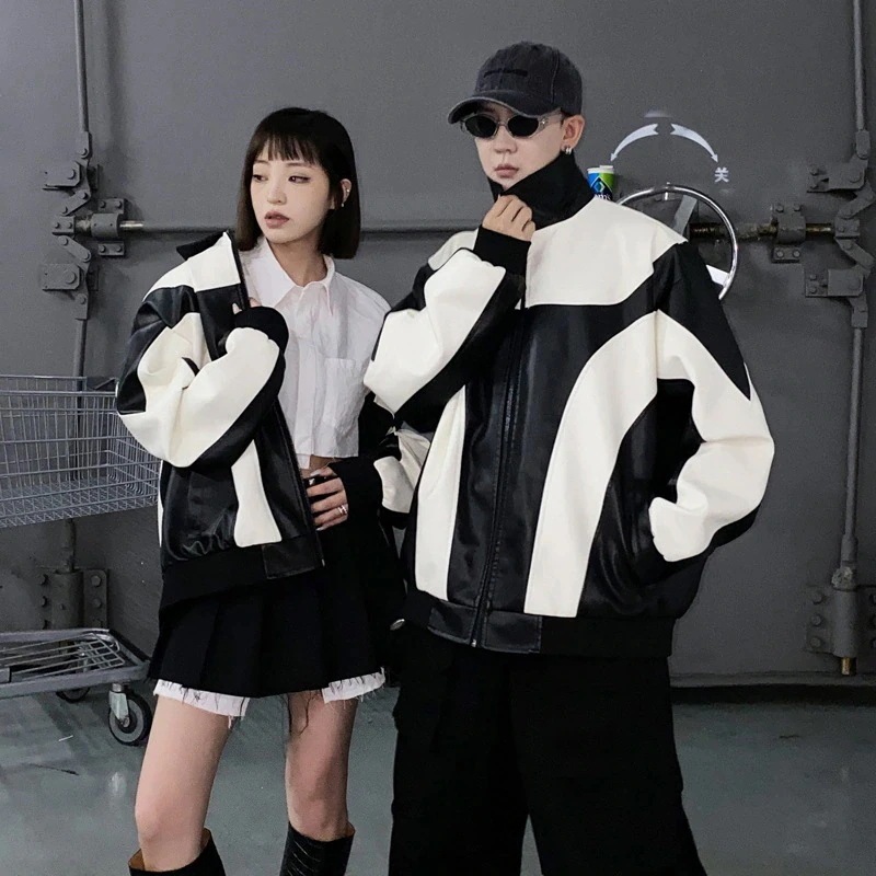 革服コートメンズ秋アウターアメリカファッションhiphop機関車pu皮ジャケットゆるいカカップル秋トレンチコート