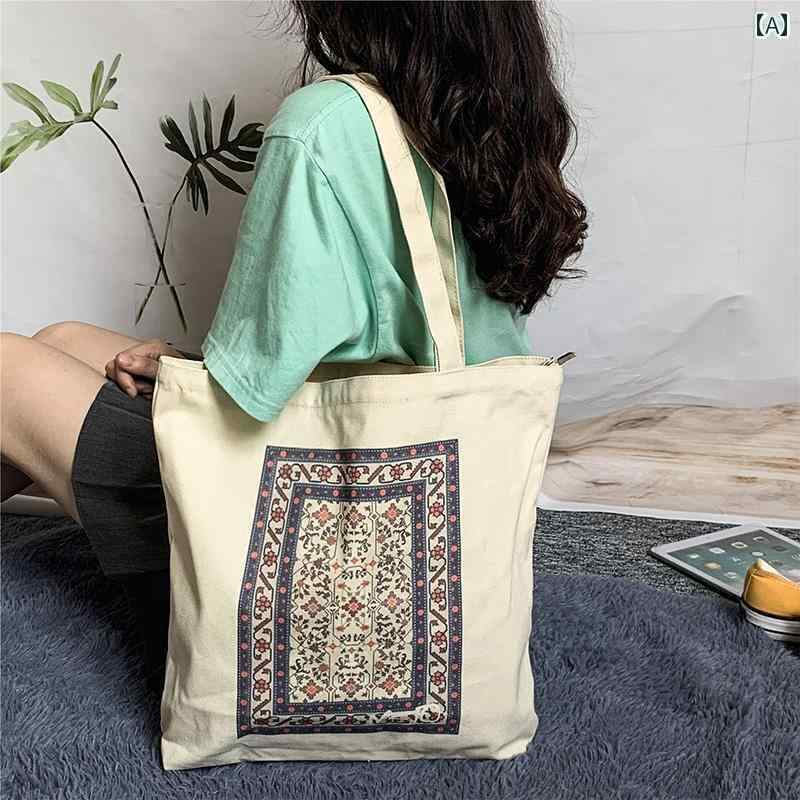 トートバッグ レディース 鞄 キャンバス エスニック 大容量 ショルダー 手持ちカバン カジュアル 学生 ショッピング ファスナー開閉 おしゃれ プリント