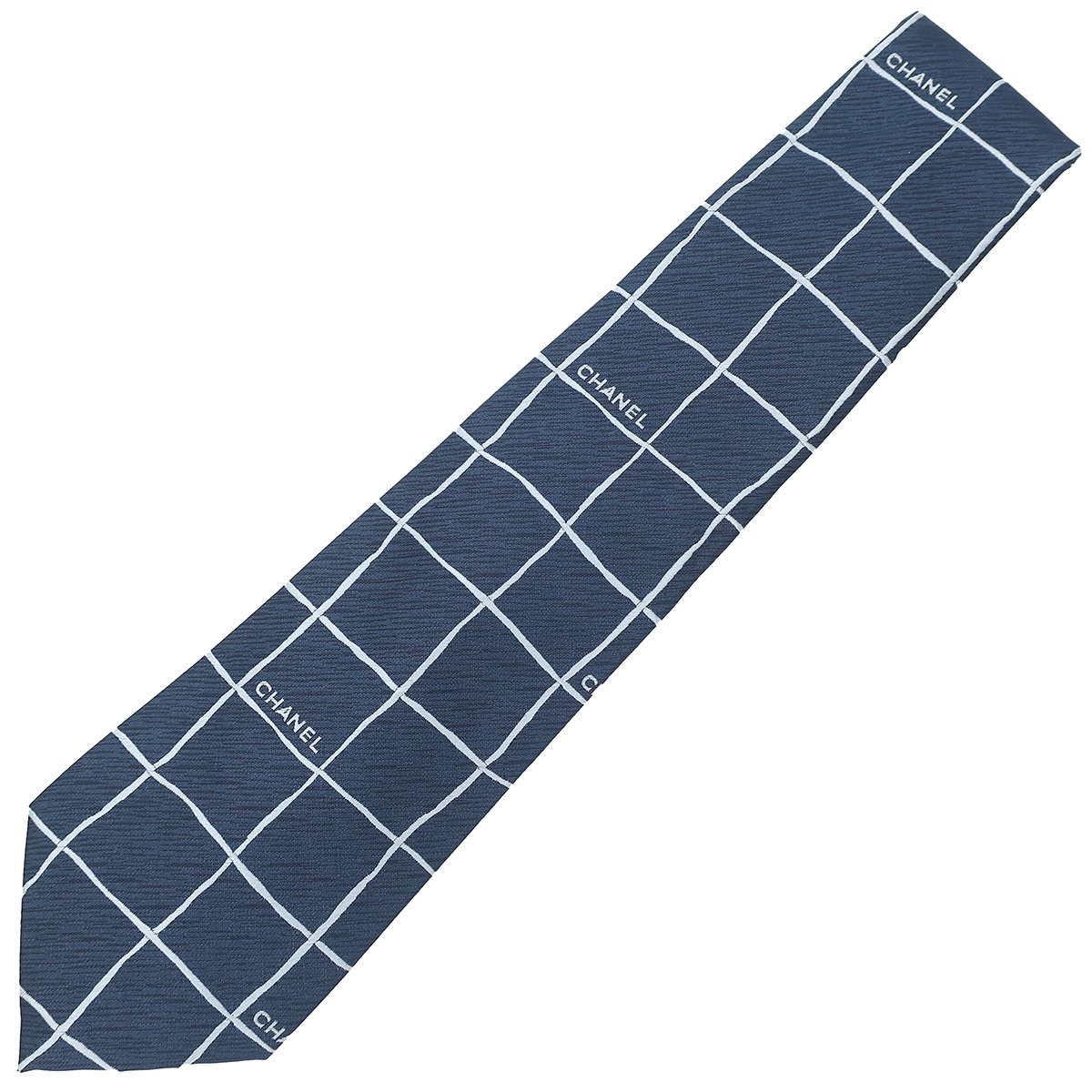 シャネル CHANEL ネクタイ 格子柄 9.5cm シルク ネイビー 紺 【中古】