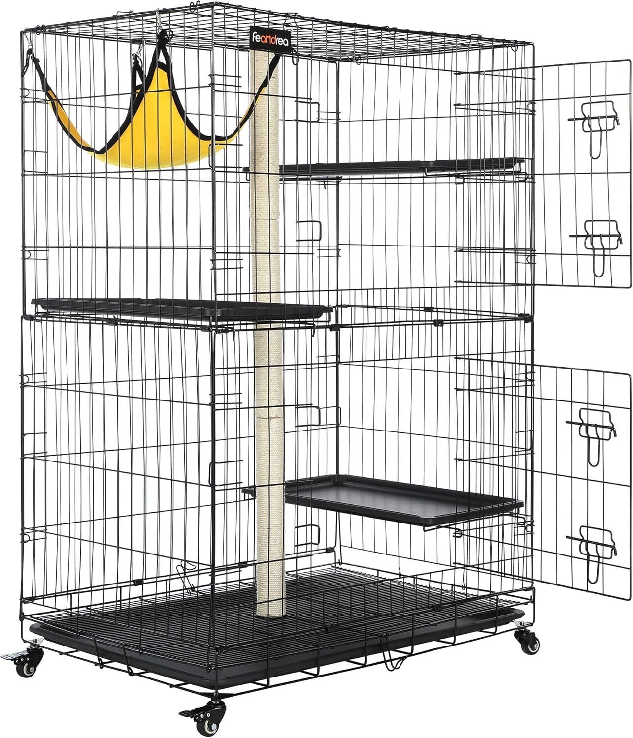 猫用ケージ 大型 128×91×57cm 3階層 全段爪研ぎポール付き 脱走防止 多頭飼い ケージ 組立簡単 折り畳み式 移動便利 シンプル 猫のゲージ ゆらゆらハンモック（おまけ付き）PCC001B