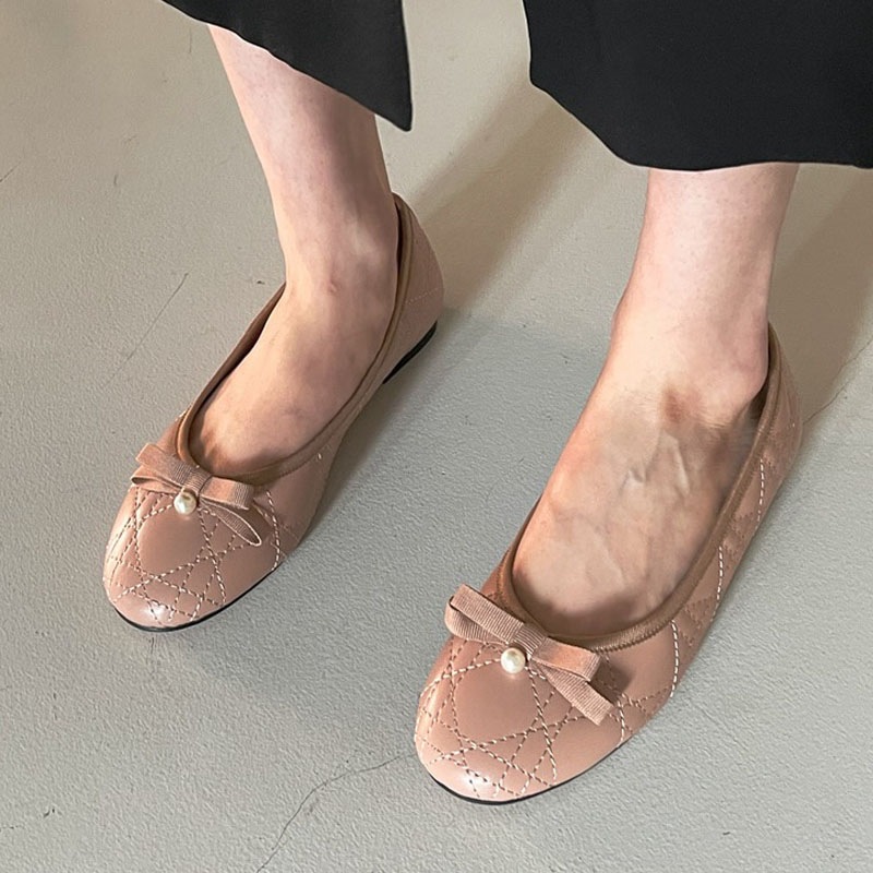 2color 可愛いパール＆リボン付き ラウンドトゥ キルティング デイリー ローヒール フラットシューズ