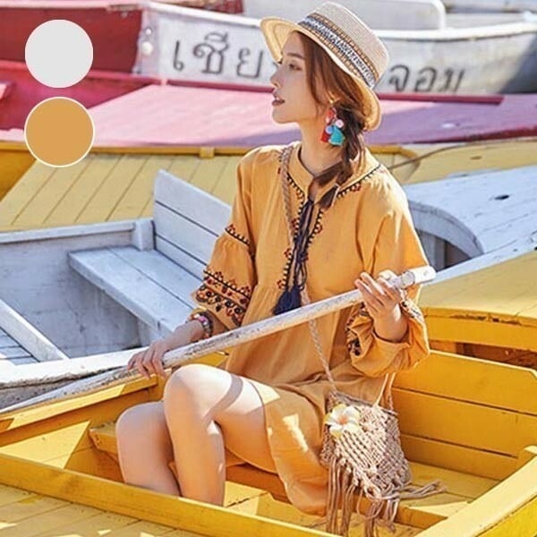 ハワイ リゾートワンピース ショート丈 七分袖 刺繍 民族風 大きめ 体型カバー ゆったり 夏ワンピ 沖縄 海外旅行 レディース おしゃれ 大人可愛い dm174t2