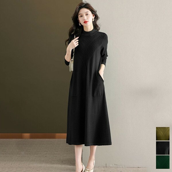 ニットワンピース レディース ハイネック ロング ワンピース 大きいサイズ 秋冬 春 セーター 柔らか ゆったり 体型カバー 着痩せ お洒落 保温 通勤 普段着 緑 黒 bs046s1s1c6