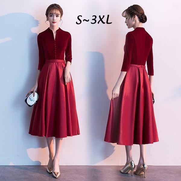 ドレス 演奏会 パーティードレス 大人 ミモレ丈 袖あり 結婚式ワンピース フォーマル 大きいサイズ 二次会 母親 20代30代