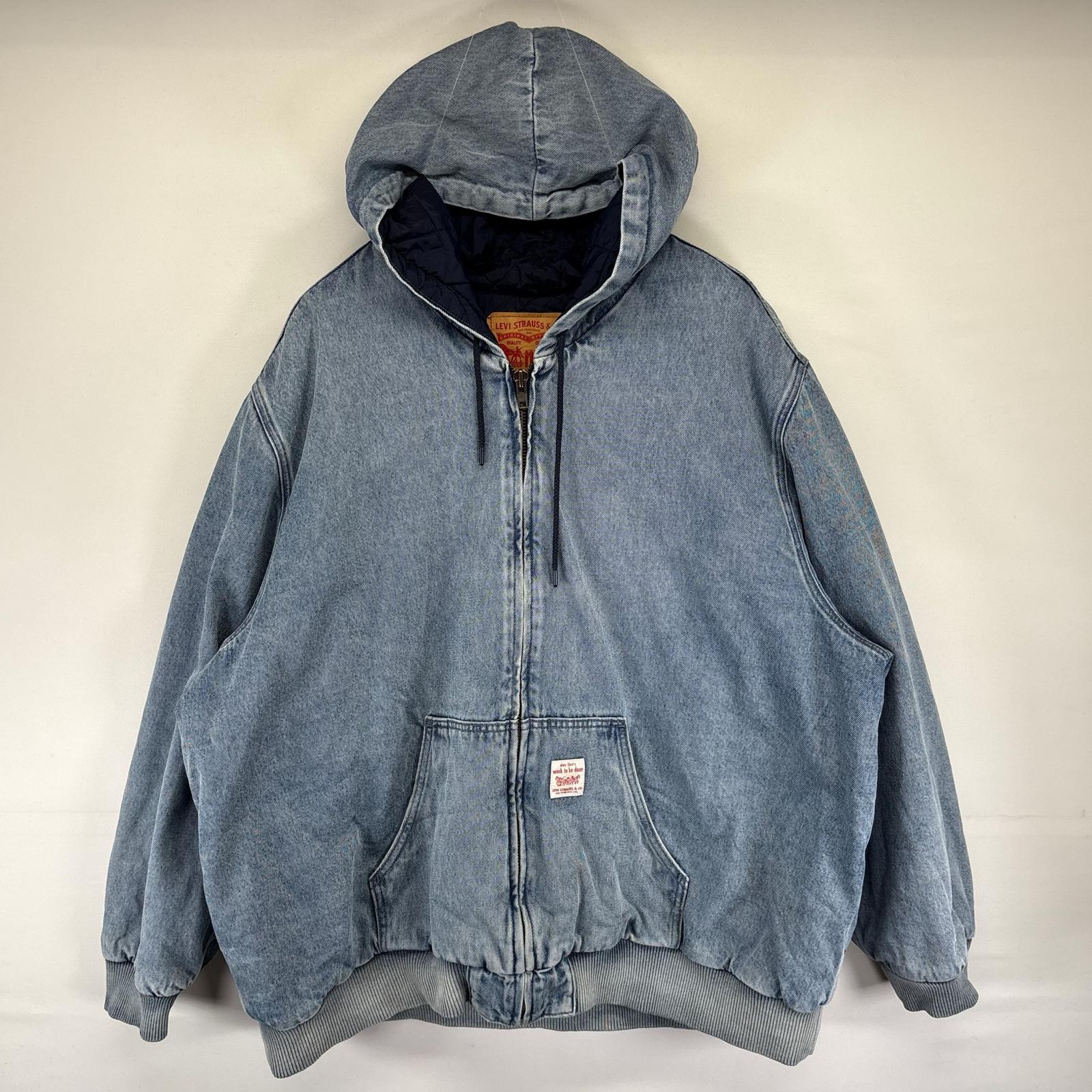 古着 デニム ジャケット デニム 中綿 アクティブジャケット フルジップ ワンポイントロゴ 3XL ブルー系 メンズ