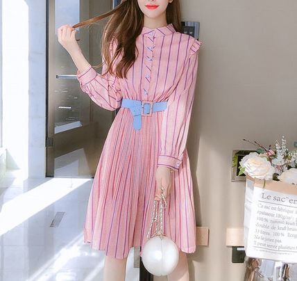 【送料無料】レディース ワンピース ストライプ フリル 膝丈 ウエストマーク 長袖 ベルト