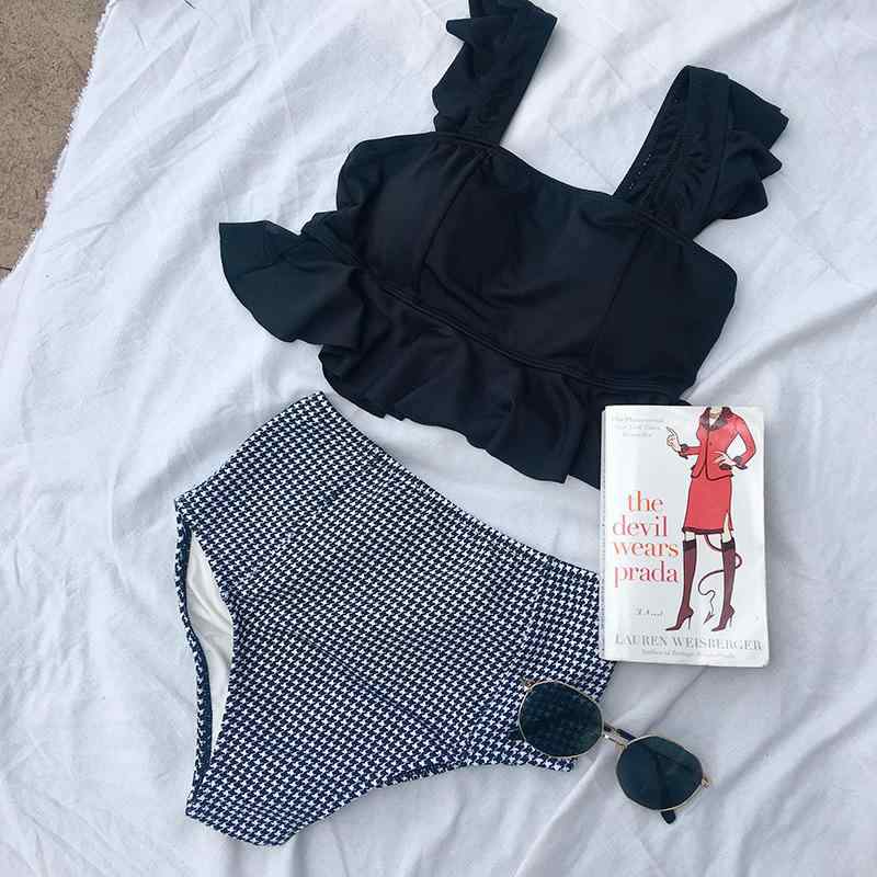 タンキニ水着レディース ハイウエスト 上下セット ビキニ フリル スクエアネック 夏 プール ビーチ 海辺 黒 チェック柄 大人 おしゃれ 13,788円