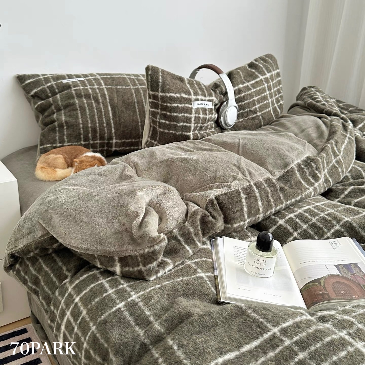 カーキ レトロ チェック柄 布団カバーセット 全2サイズ 冬用 厚手 ベッドカバー 寝具カバー ベッドカバー シングル クイーン とろふわ おしゃれ 韓国 韓国インテリア 韓国 70PARK