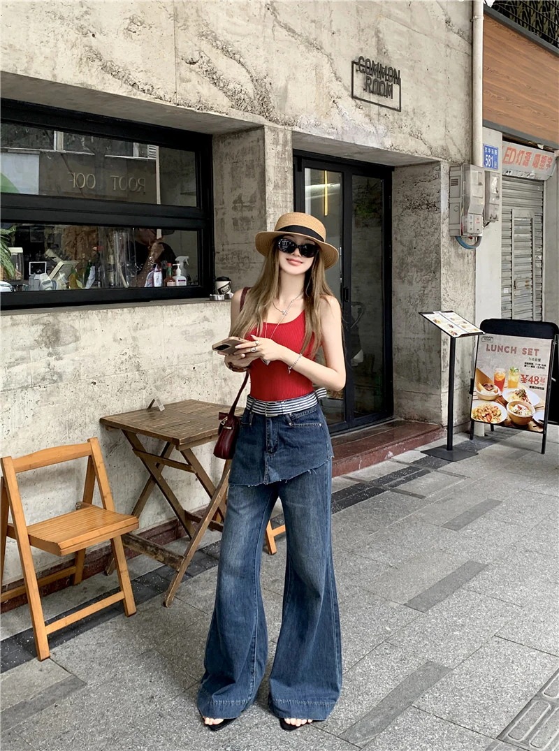 2026春夏 シルエット加工ゆったりレッグレディースカジュアルジーパン衣装 デニムパンツ ロング丈ボトムスハイウエストジーンズ K-POPストリートファッション系韓国風付きファッション練習ジーンズ