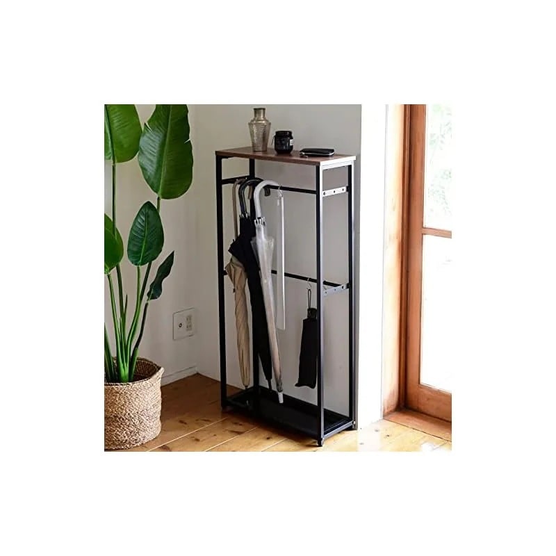 【即納】[山善] 傘立て (傘かけ) 玄関 スリム 【70cm傘対応】 幅50奥行20高さ103cm S字フック3個 2段 バーの奥行が変えられる(3段階) 組立品 ダークブラウン/マットブラック