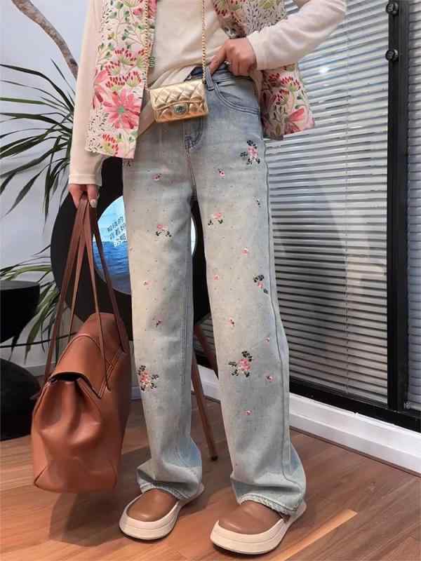 レディース ファッション カジュアル おしゃれ 夏 チャイナ風 刺繍 ストレート ジーンズ 薄手 涼しい 小さめ 大きいサイズ スリム ワイドレッグ パンツ 5,283円