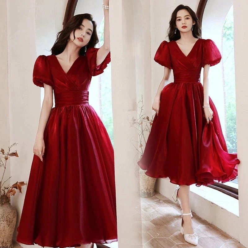 パーティードレス カラードレス 赤 Aライン Vネック 袖あり ロングドレス ワンピース ドレス ミモレ丈 ピアノ 発表会 大人 演奏会用ドレス お呼ばれ結婚式 二次会ドレス 5,358円