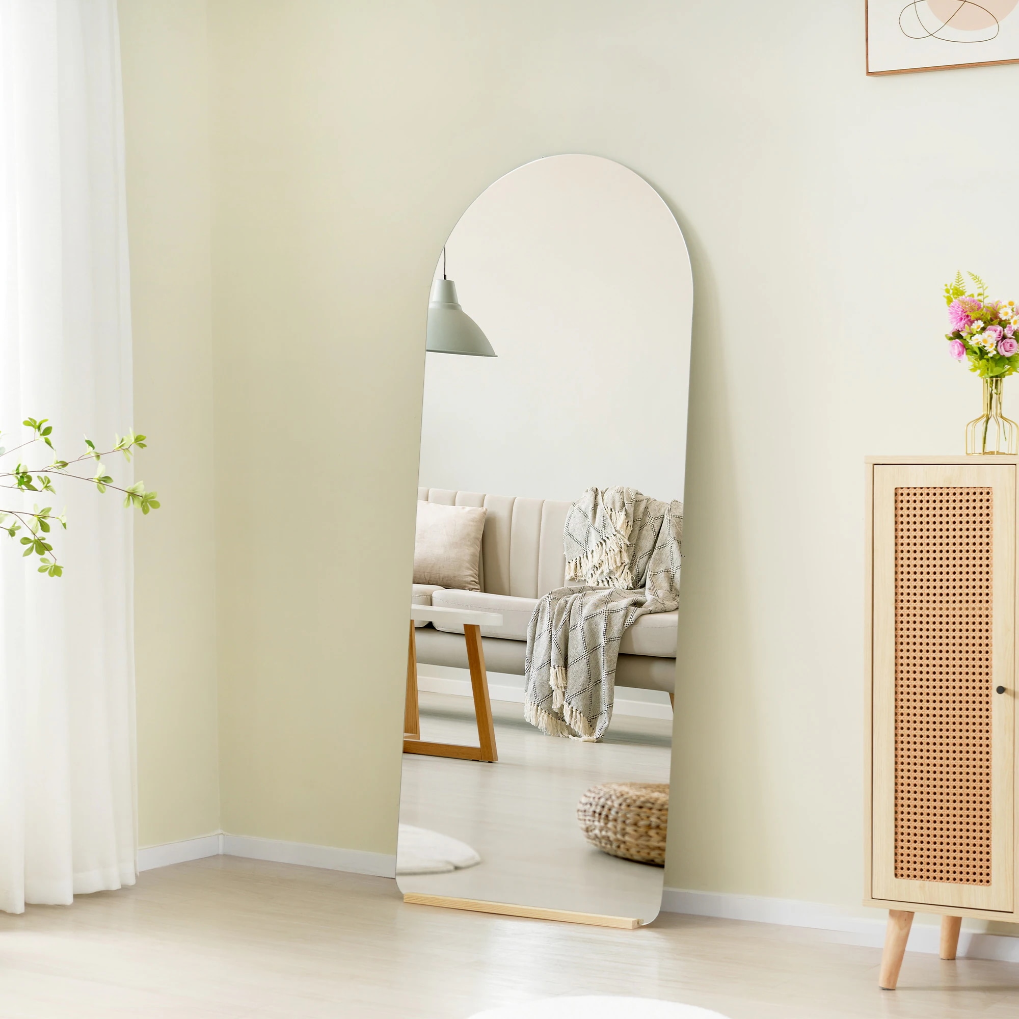 2031全身鏡 姿見鏡 スタンドミラー ノンフレーム アーチタイプ 立てかけ 姿見 鏡 ミラー おしゃれ 大型 飛散防止 木製台あり 170*70CM