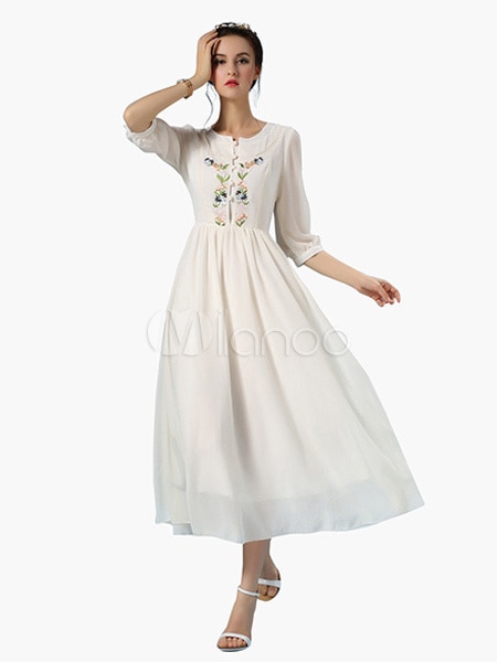 エクリュホワイト刺繍プリーツハーフスリーブヴィンテージドレス 6,664円