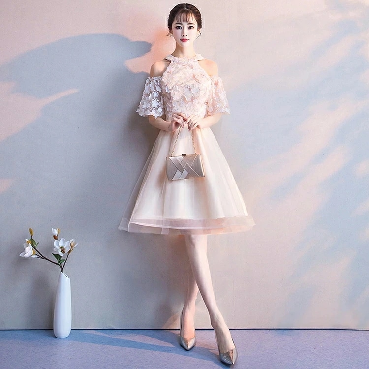 結婚式ドレス 二次会ドレス シャンパン色 ショート丈ドレス ホルターネック オフショルダー 可愛い ドレス 立ち襟 チャイナ風ドレス ハイネック 立ち襟 パーティードレス ピンク 成人式ドレス 同窓会