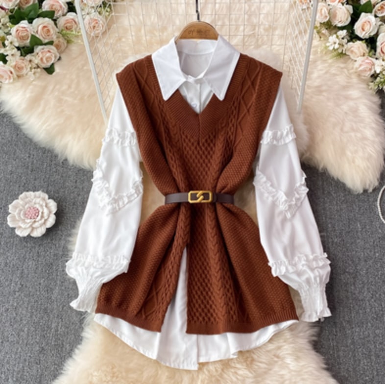 トップス デート シャツ ブラウス ニットソー ニット セーター ベスト 袖あり 長袖 春 秋 冬 10代 個性的 ブラウン グリーン ブラック フリーサイズ セットアップ ウエストマーク ベルト 6,003円