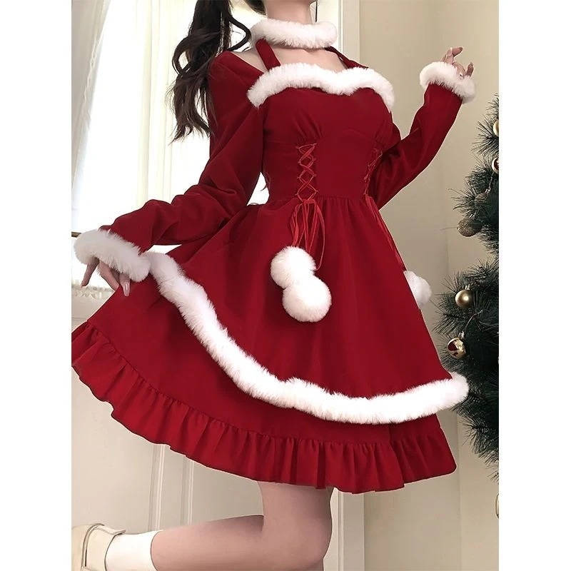 【急速出荷!】大きいサイズ サンタコスプレ クリスマス レディース 雰囲気 レッド ドレス ウエスト スリム 新年 冬 韓国
