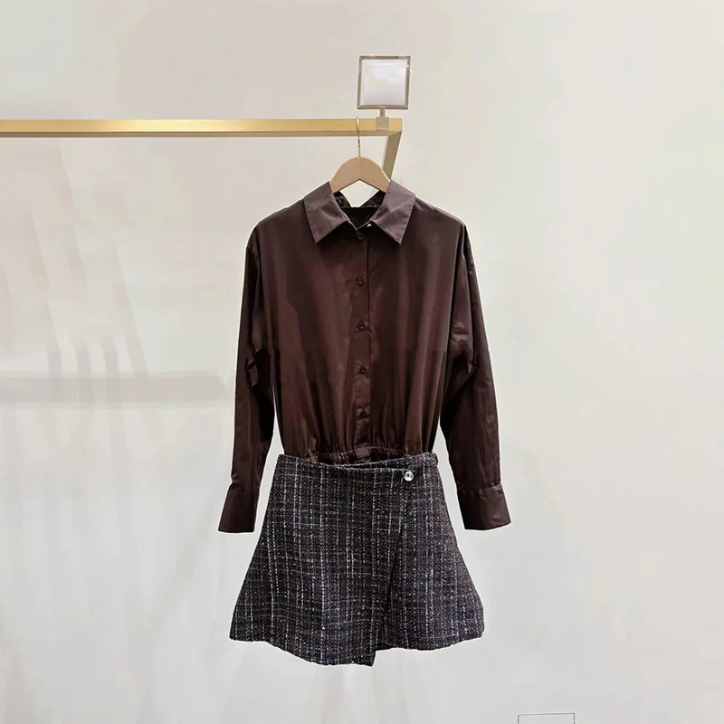 ファッションニッチ2025 グレー着脱式ツイードスカートツーピースシャツワンピース 25826