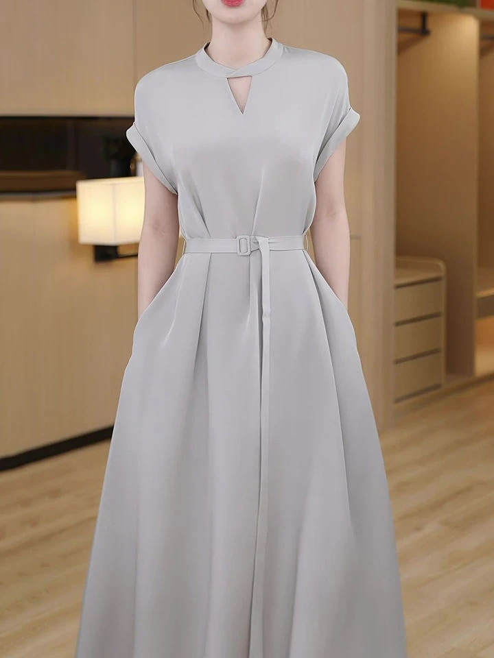 韓国 ファション ワンピース新作ミドル丈スカートウエスト引き締め