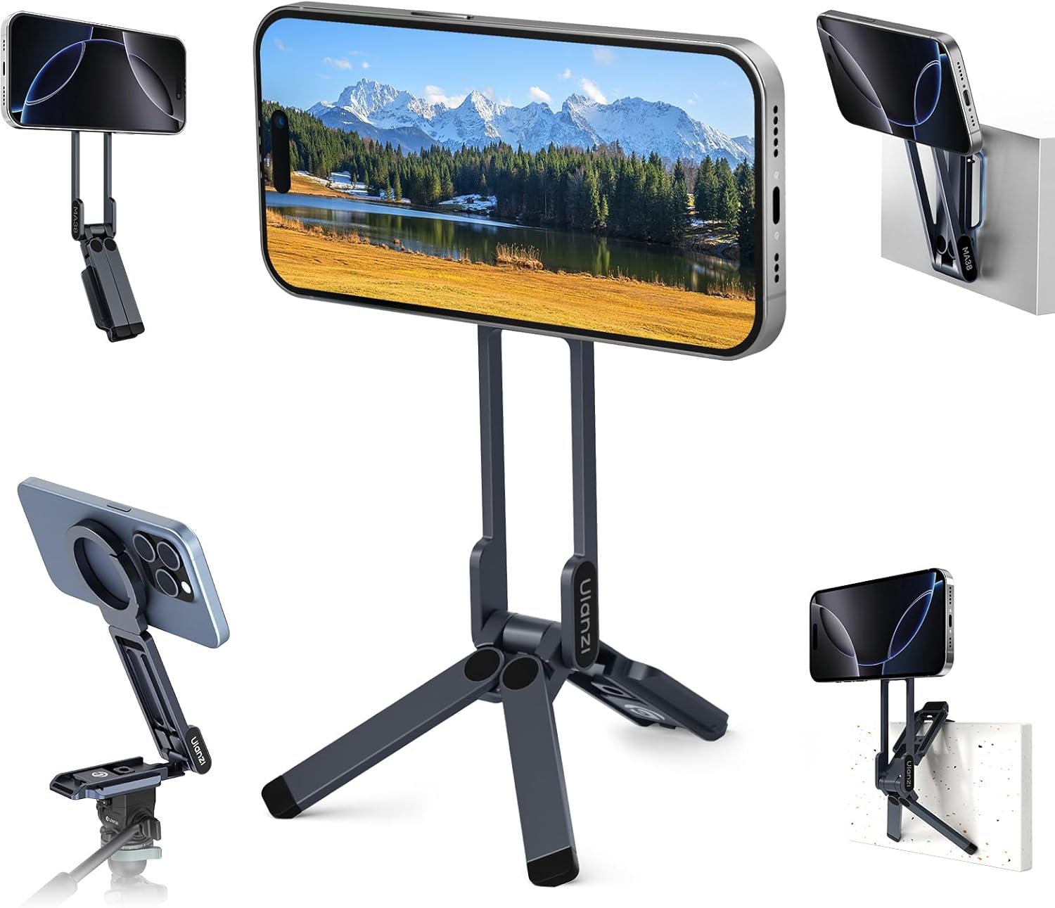 Ulanzi MA38 スマホ三脚 ミニ三脚 magsafeに対応 自撮り棒 スマホスタンド 携帯スタンド 折りたたみ式 磁気マグネット式付き フック付き 多機能360度回転 14ネジ穴付き Arca