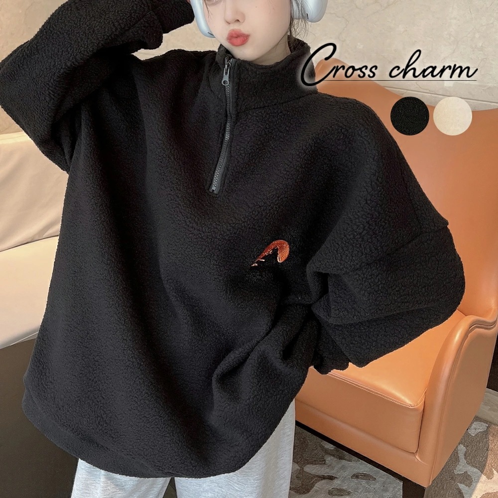 トレーナー レディース ハーフジップ メンズ ボア 韓国ファッション 大きいサイズ トップス 秋 冬 ビックシルエット おしゃれ 無地 オルチャンファッション 韓国服 長袖 ビッグ プルオーバー ユニ 5,206円