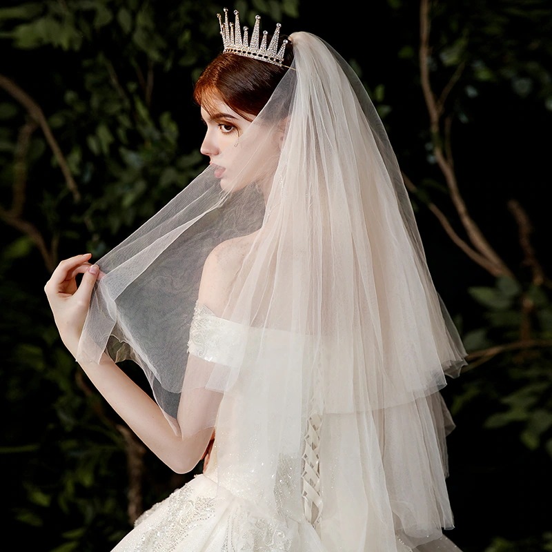 2025 花嫁ウェディング二重ベールヘッドドレススーパー韓国の森スタイルフォトウェディングドレス写真撮影ソリッドカラーベール