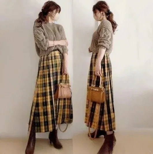 作気質百掛けニットセットアップセータートップスチェックスカート二点セット着痩せレディースファッション福袋大きめサイズ 5,255円