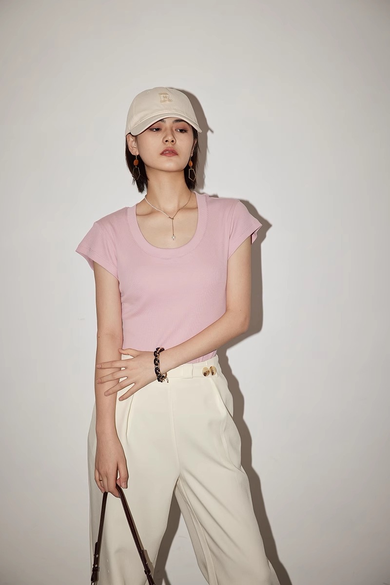 スリーブ Tシャツ ピンク tシャツ ラウンドネック デザイン ニッチ サマー ニット トップ 半袖 女性 トップス Tシャツ 袖あり 半袖 Uネック かわいい シンプル カジュアル おしゃれ 6,478円