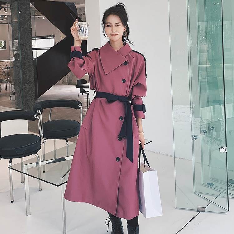 アウター コート トレンチコート レディース ロングコート 春 秋 ローズレッド 襟付き ボタン シングルブレスト 長袖 ポケット ウエストベルト ウエストリボン カジュアル 大人可愛い かわいい お 9,173円