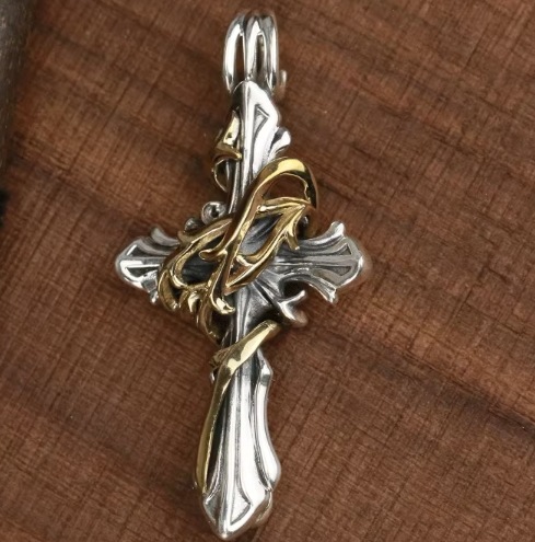 MS 純銅 925 スターリングシルバー 10K ゴールドヴァイン立体クロスペンダント男女兼用パーソナリティペンダント