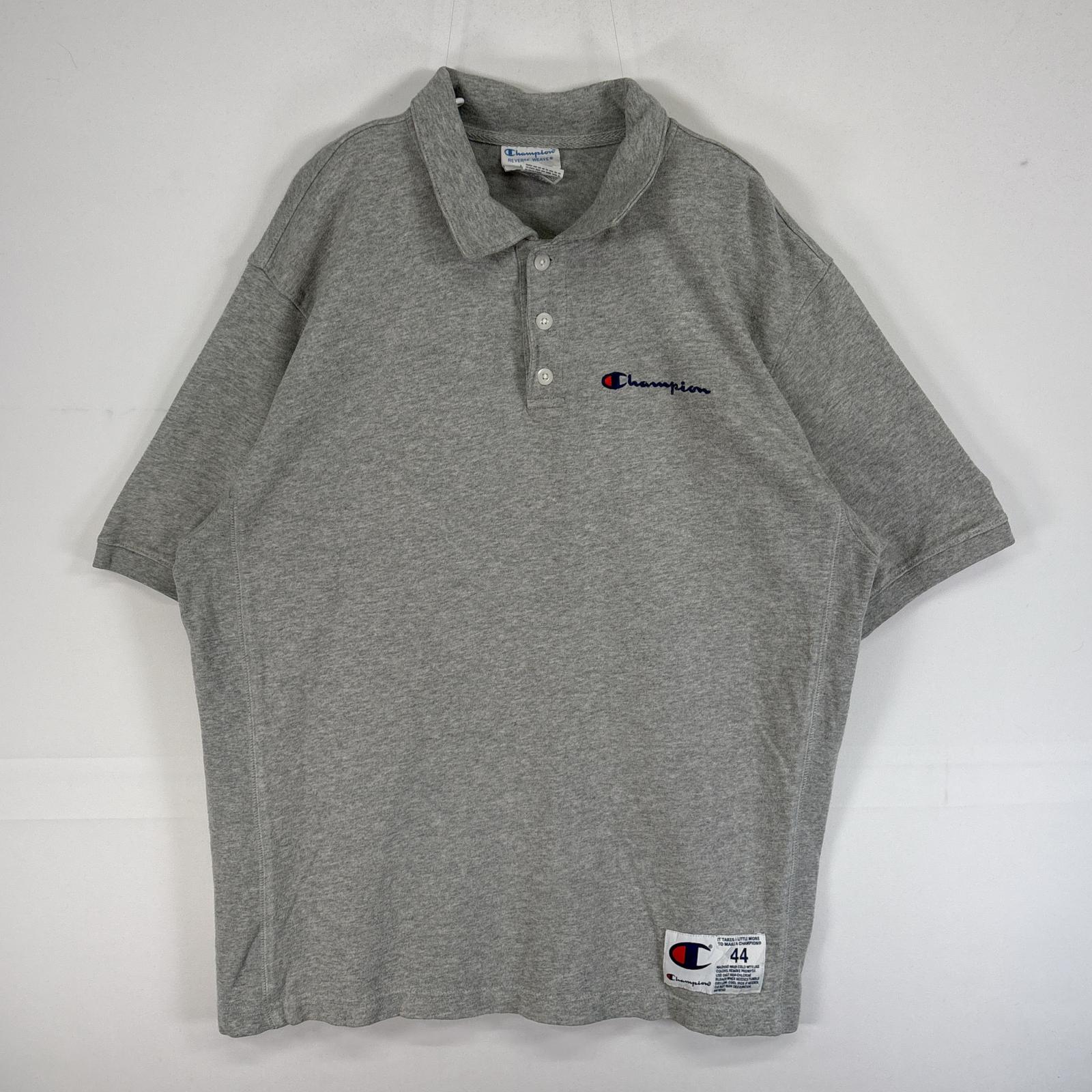 古着 半袖 ポロシャツ ロゴ 刺繍 リバースウィーブ 復刻 肉厚 3ボタン L グレー 無地 メンズ