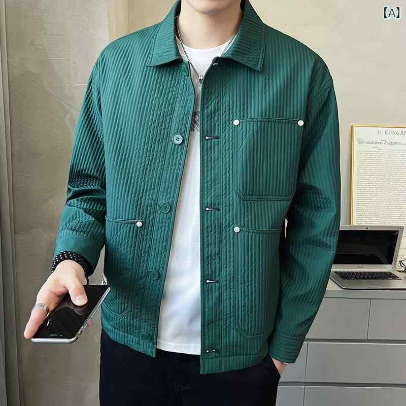 メンズ ファッション アーミーグリーン ストライプ ワークジャケット 春秋 韓国 ジャケット