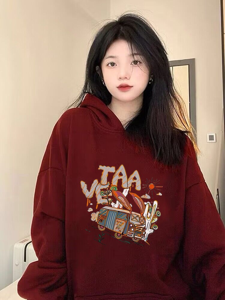 超目立つ白ワインレッドのフード付きトレーナー女性用服レディーススウェットシャツレディース万能ゆったりカジュアル大きいサイズトレーナー