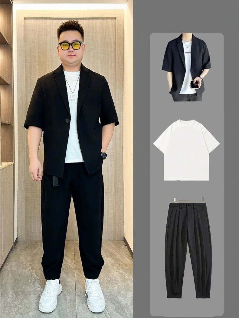 M-5XL セットアップ メンズカジュアルスーツ 半袖ブレザー+Tシャツ+ロングパンツ ドレープ感 上下2点セット