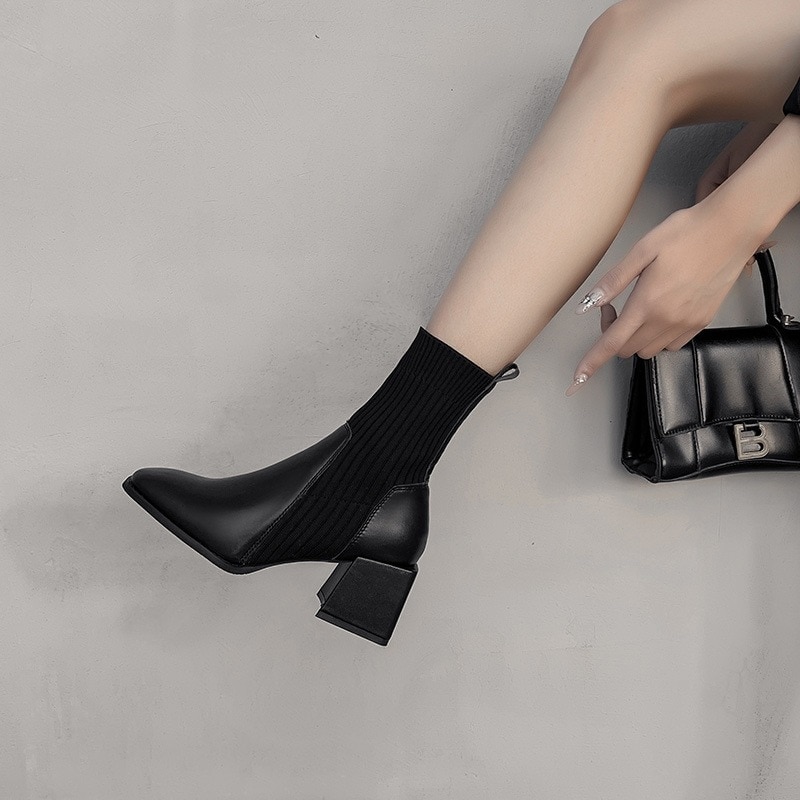 今年の流行 秋冬 新作 弾力ショットブーツ 個性パッチワーク気質ショットブーツ ハイヒールブーツ 太ヒール マーディンブーツ チェルシーブーツ 6,070円