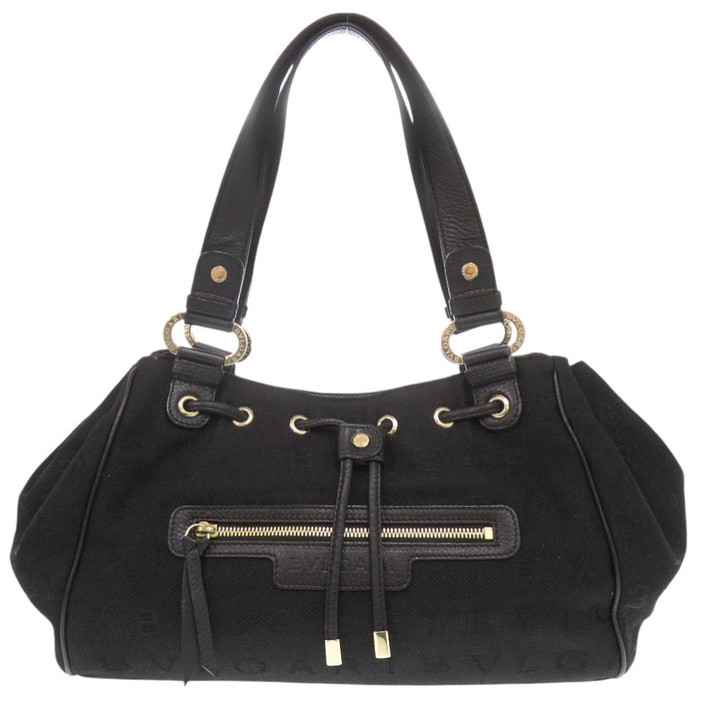 美品 ロゴマニア ハンドバッグ キャンバス/レザー ブラック 0406【中古】 レディース