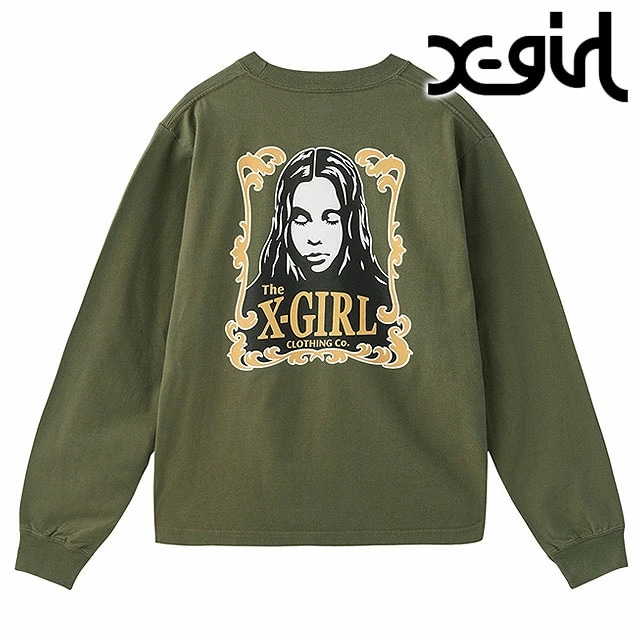 メール便 オーナメントフェイス ロングスリーブTシャツ [105253011015] FACE L/S TEE レディース xgirl トップス カットソー 長袖 OLIVE 正規取扱店