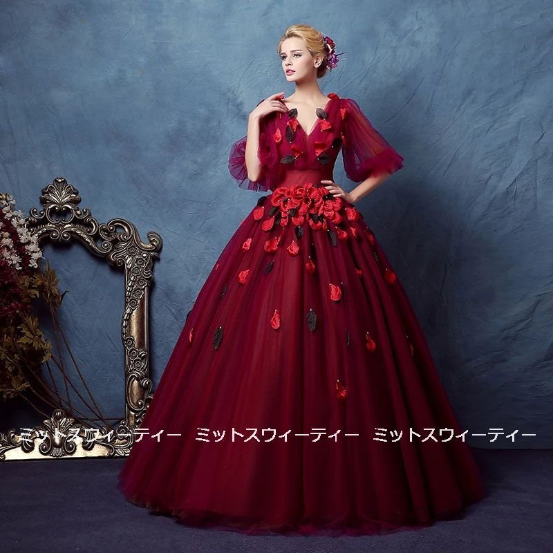 ロングドレス 演奏会 カラードレス 赤 ワインレッド コンサート パーティードレス プリンセスライン